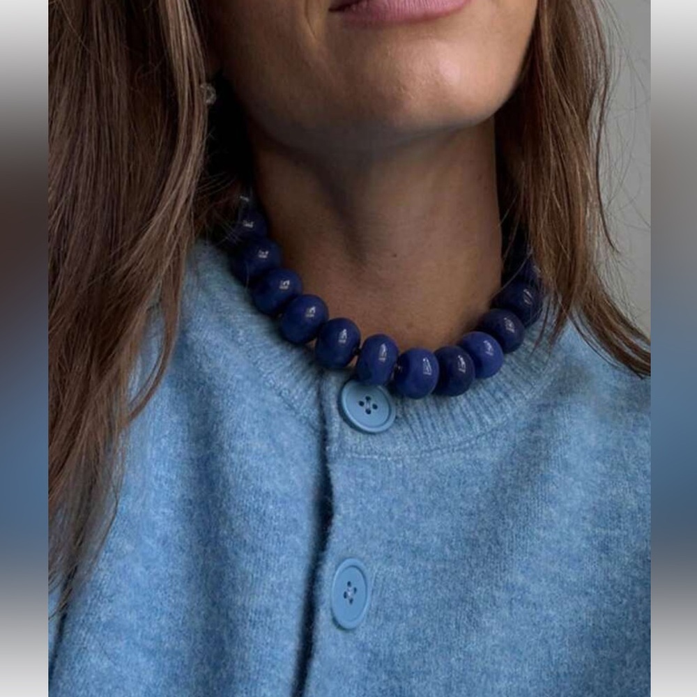 New! Deep Navy Resin Dopamine Marbled Beaded Chunky Statement Necklace Choker